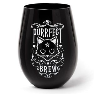 Alchemy Gothic Purrfect Brew Kitty Cat Black Glass Stemless Wineglass NIB